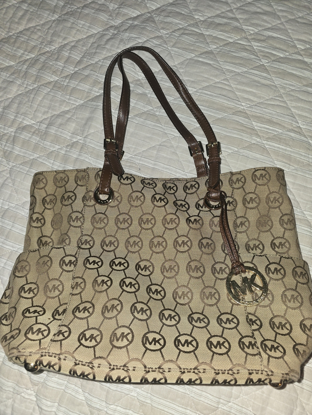 Michael Kors Beige MK Monogram Tote with Brown Leather Straps